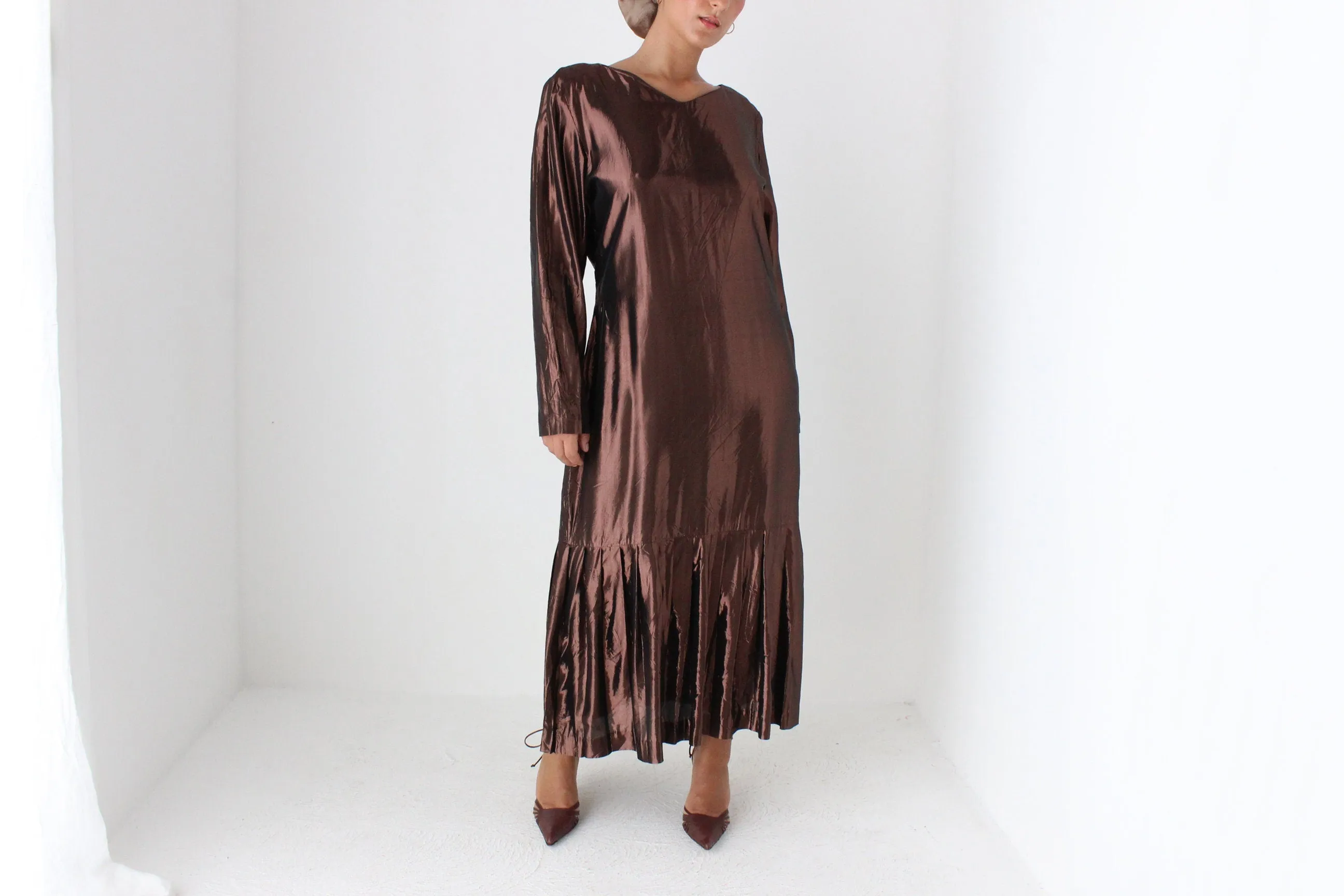 80s Bronze Lamé Metallic Drop Waist Party Dress