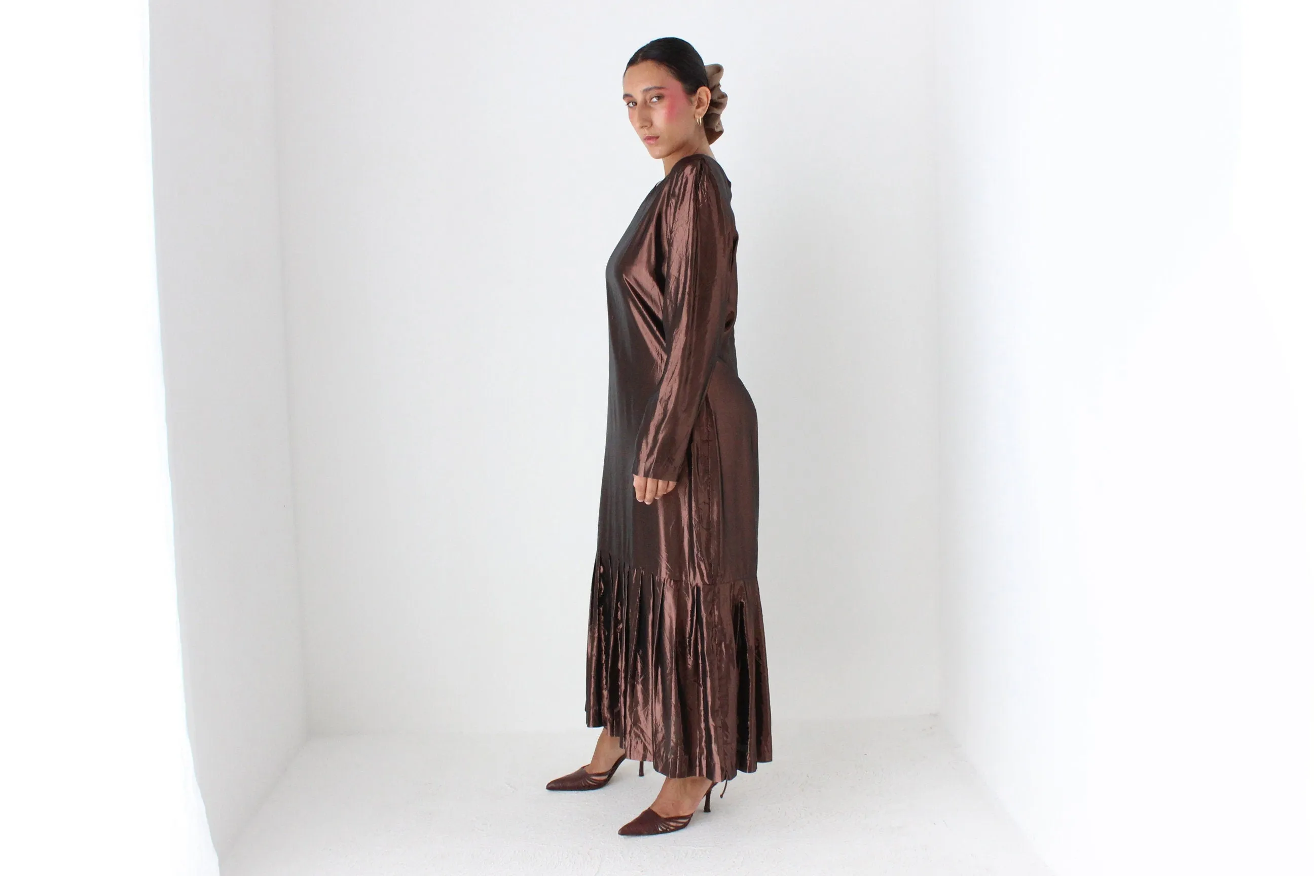 80s Bronze Lamé Metallic Drop Waist Party Dress