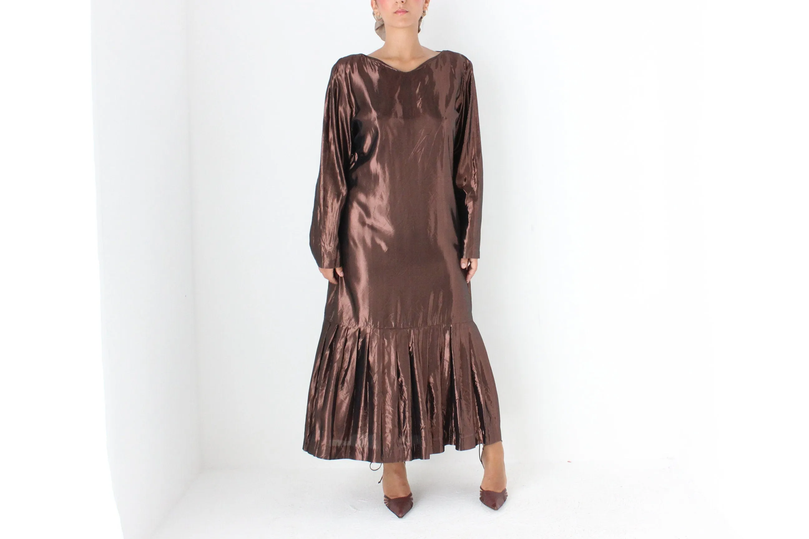 80s Bronze Lamé Metallic Drop Waist Party Dress