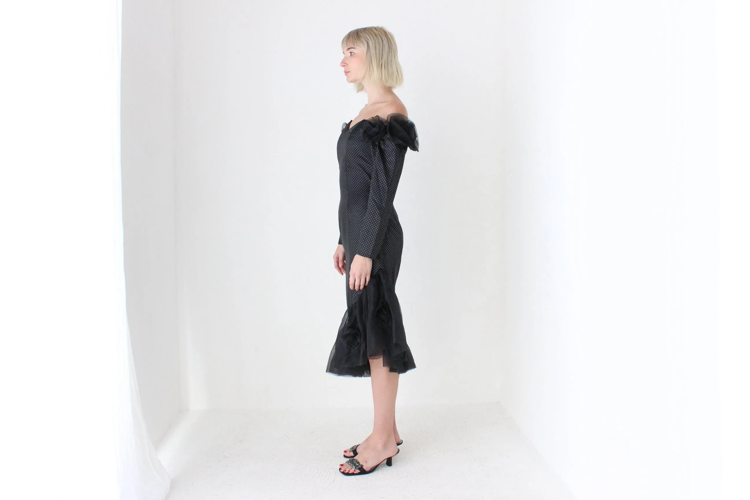 80s 'Masquerade' Organza Rosette Off Shoulder Party Dress