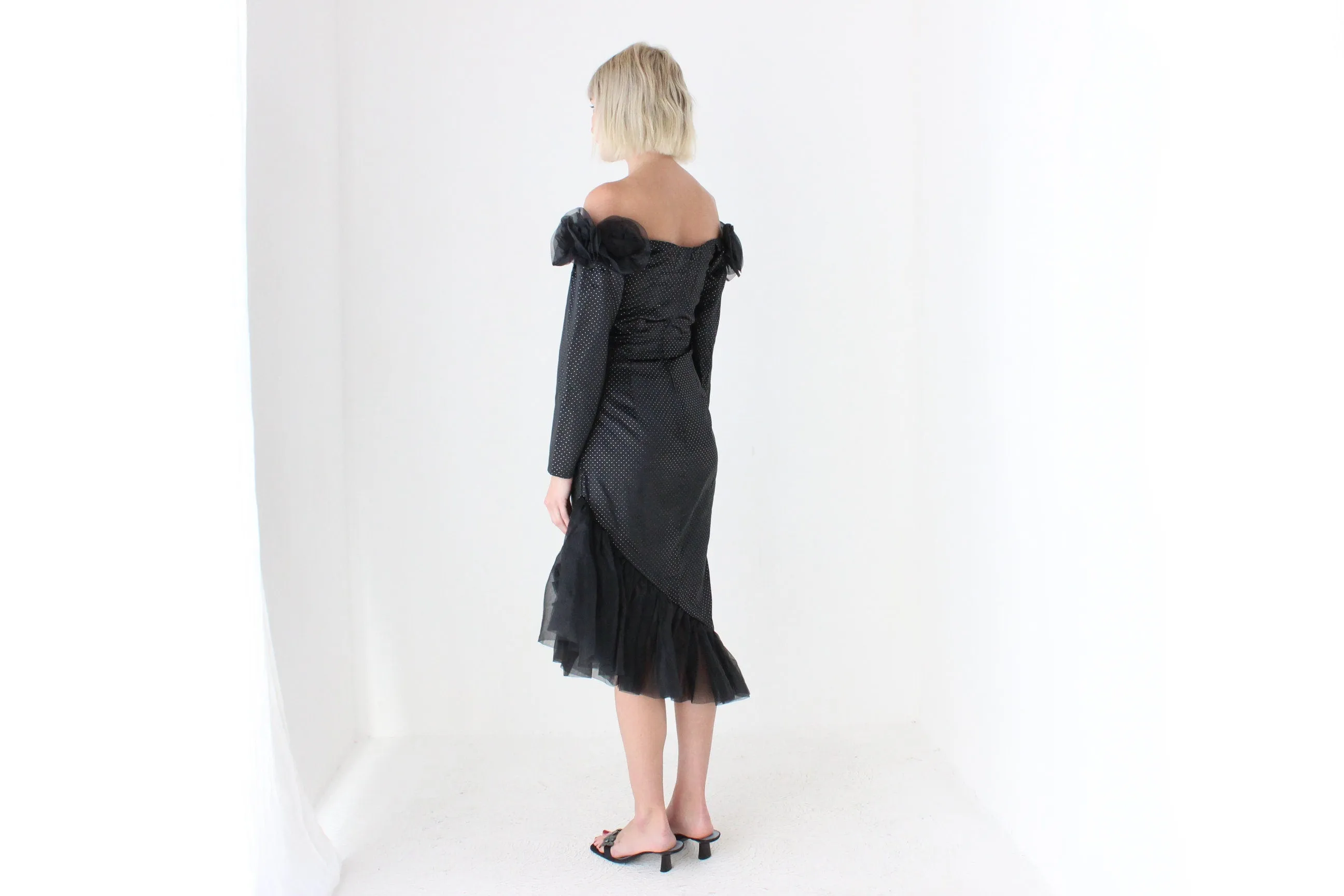 80s 'Masquerade' Organza Rosette Off Shoulder Party Dress