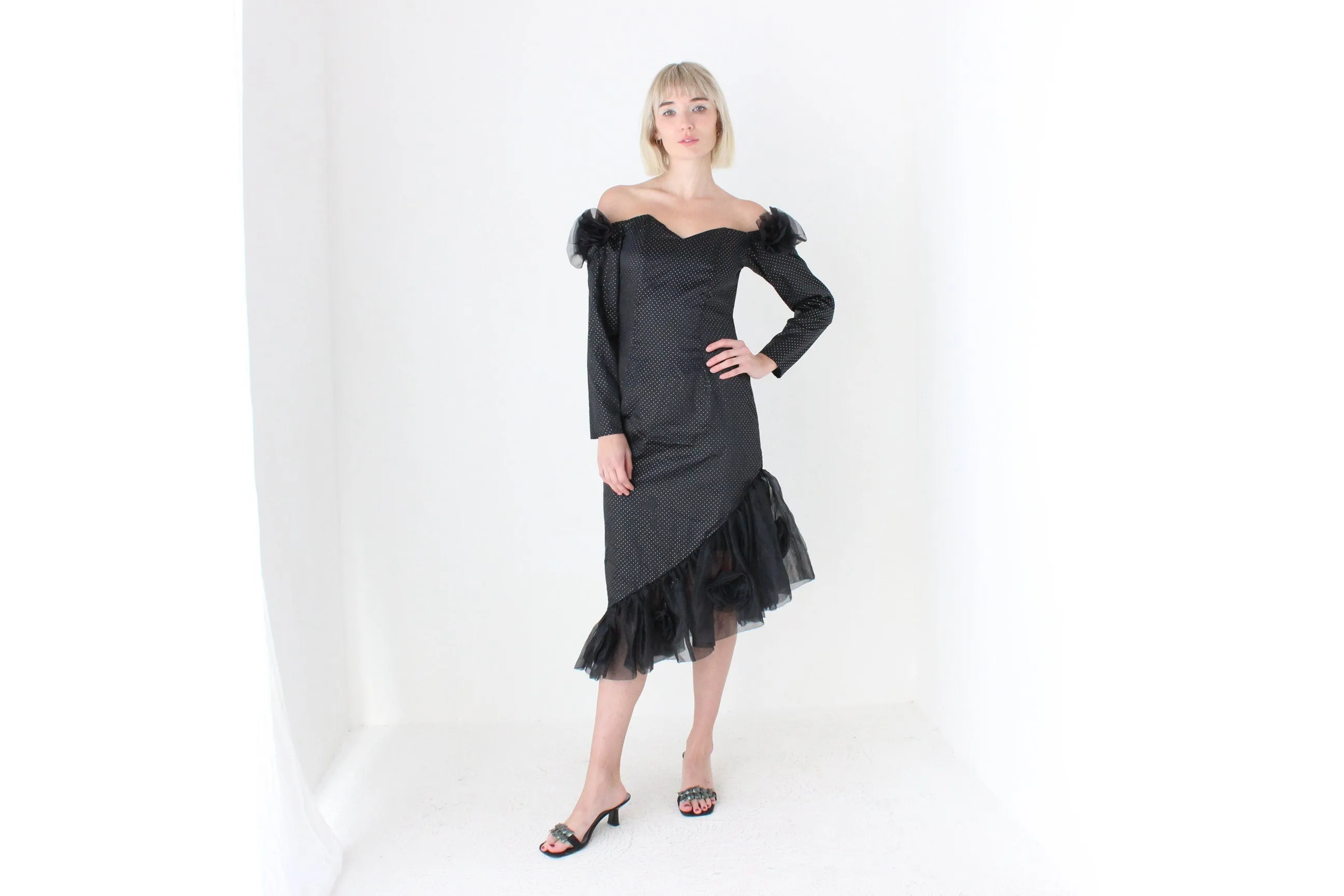 80s 'Masquerade' Organza Rosette Off Shoulder Party Dress