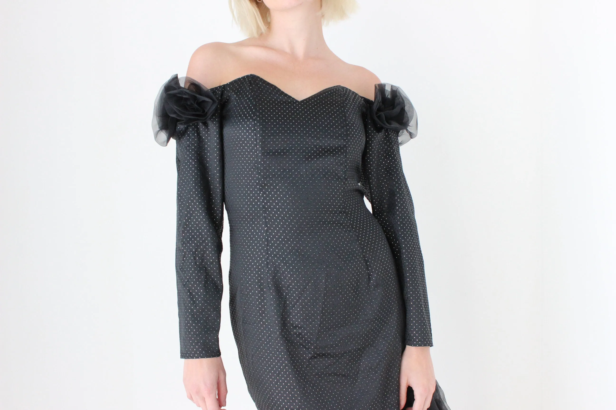 80s 'Masquerade' Organza Rosette Off Shoulder Party Dress