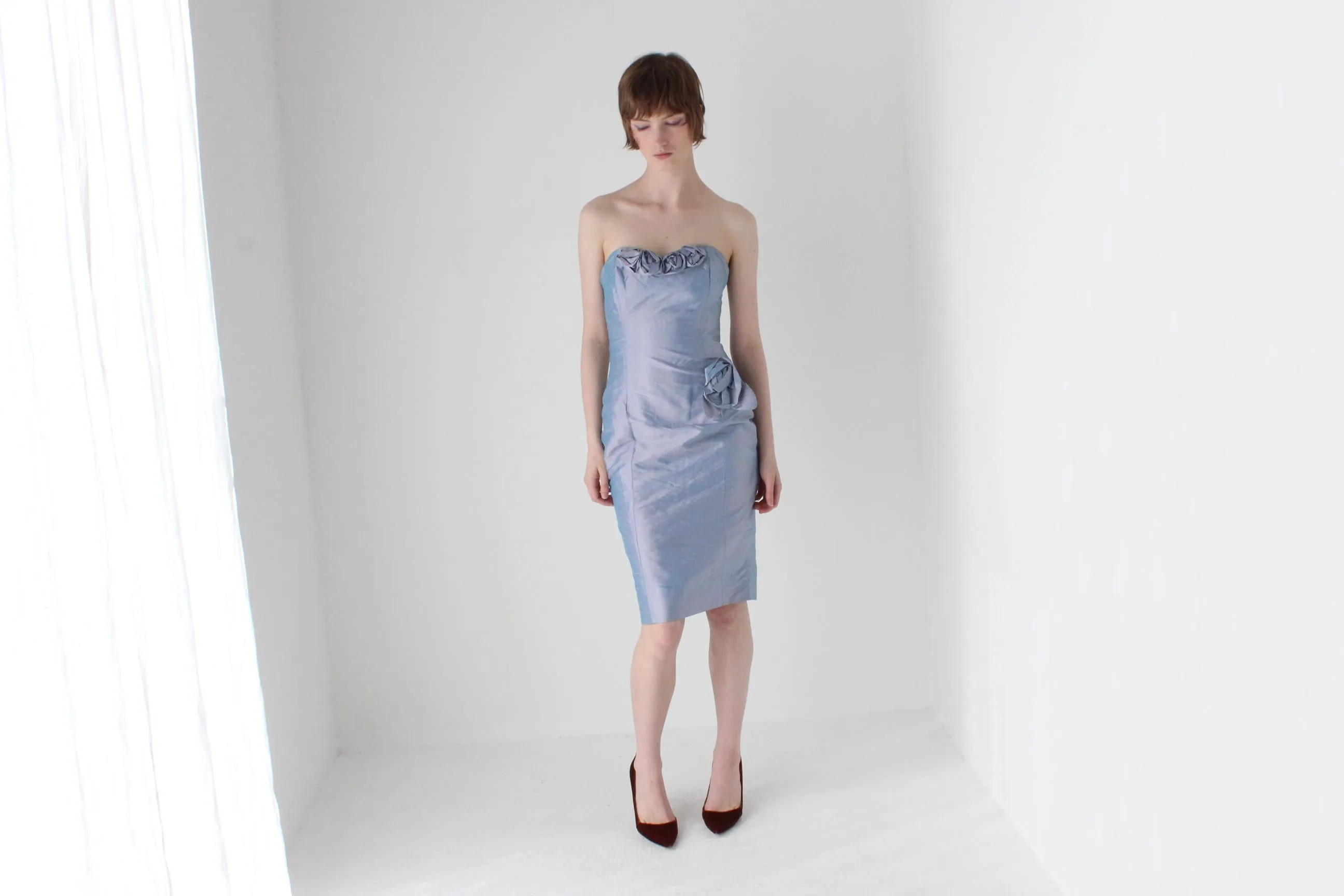 80s Raw Silk Matching Two Piece Rosette Dress & Lace Bolero Set