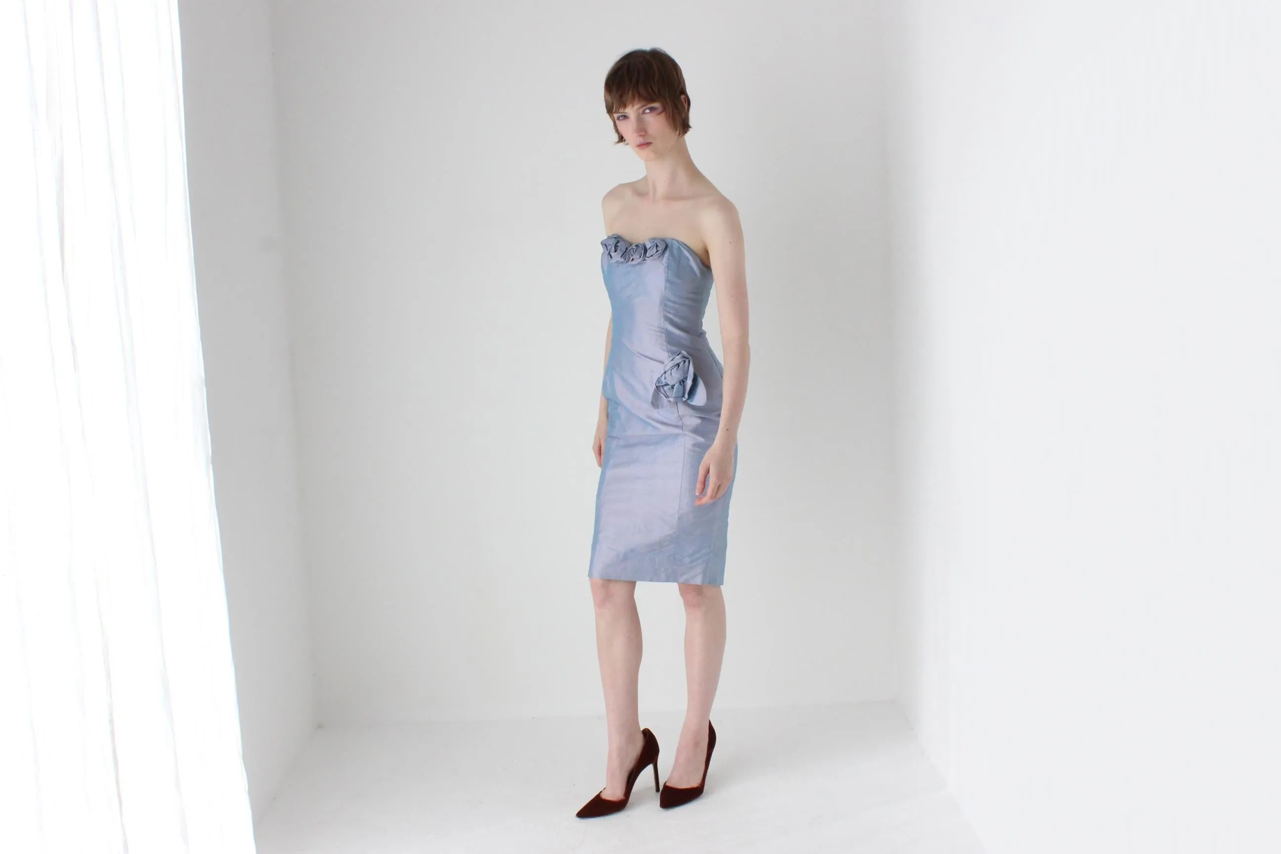 80s Raw Silk Matching Two Piece Rosette Dress & Lace Bolero Set