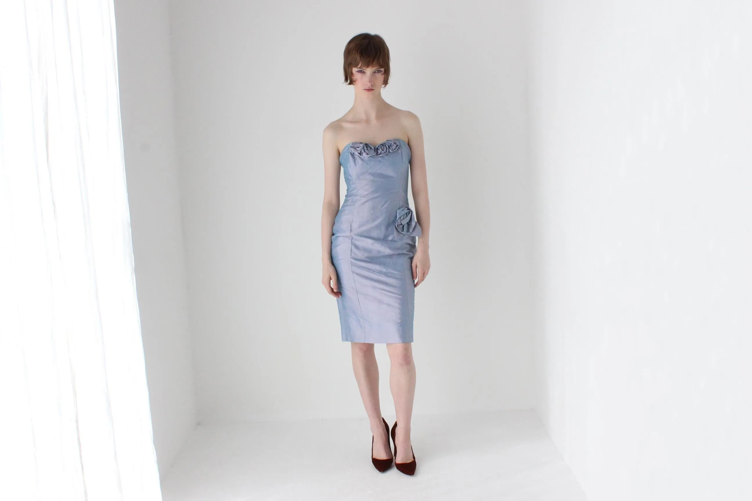 80s Raw Silk Matching Two Piece Rosette Dress & Lace Bolero Set