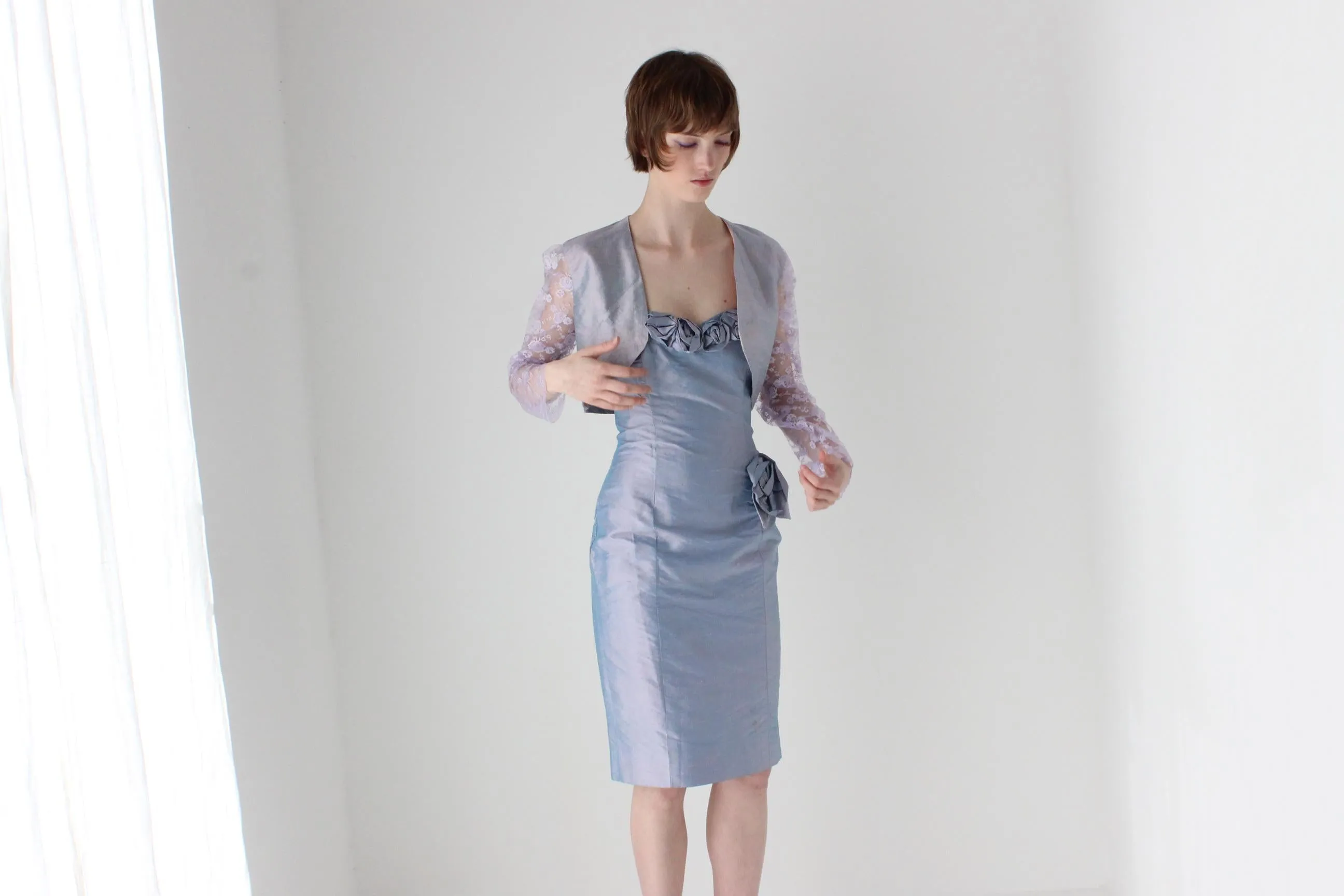80s Raw Silk Matching Two Piece Rosette Dress & Lace Bolero Set