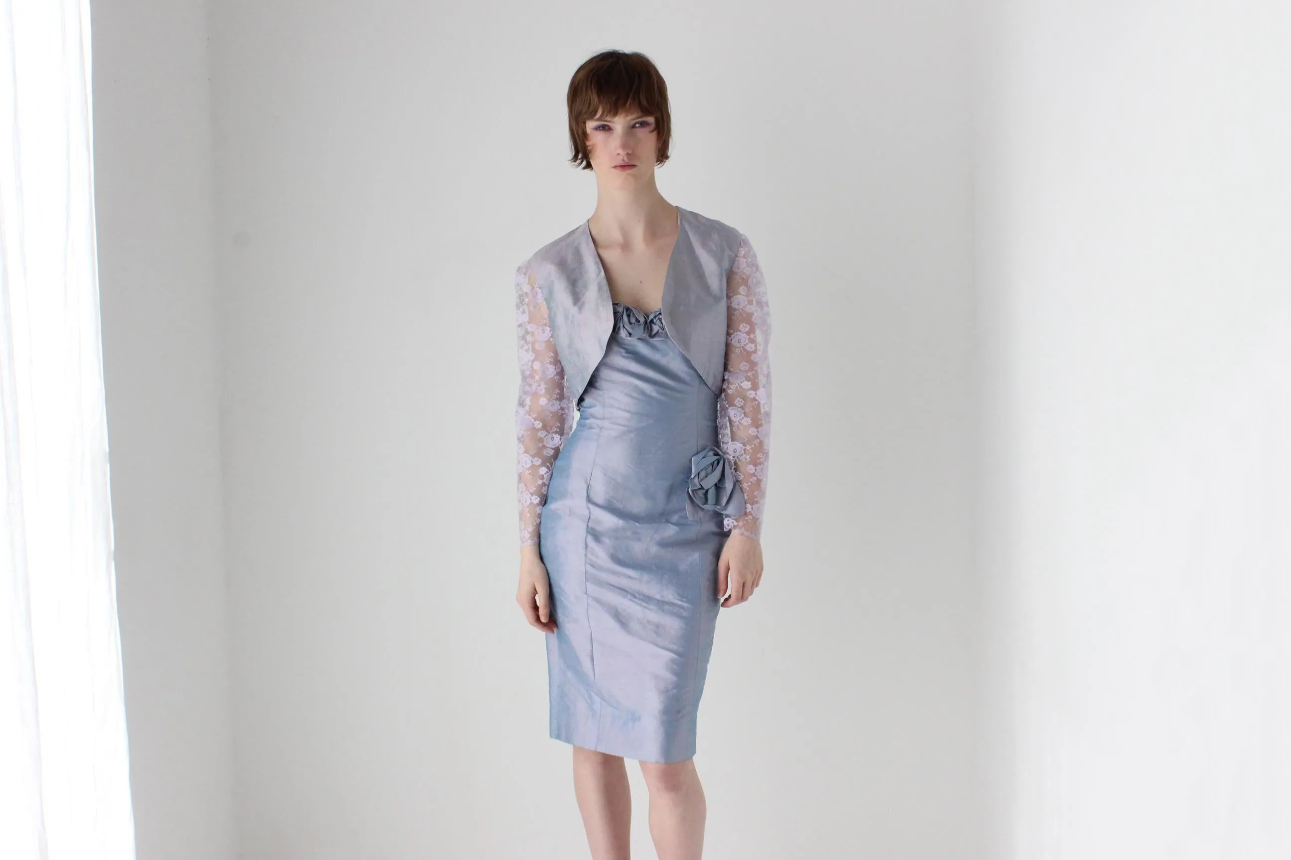 80s Raw Silk Matching Two Piece Rosette Dress & Lace Bolero Set