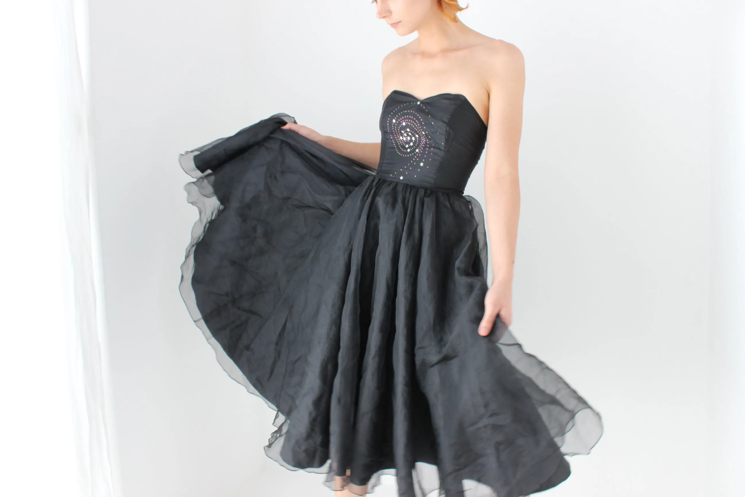 80s Voluminous Organza Bombshell Cocktail Dress w/ Galaxy Swirl