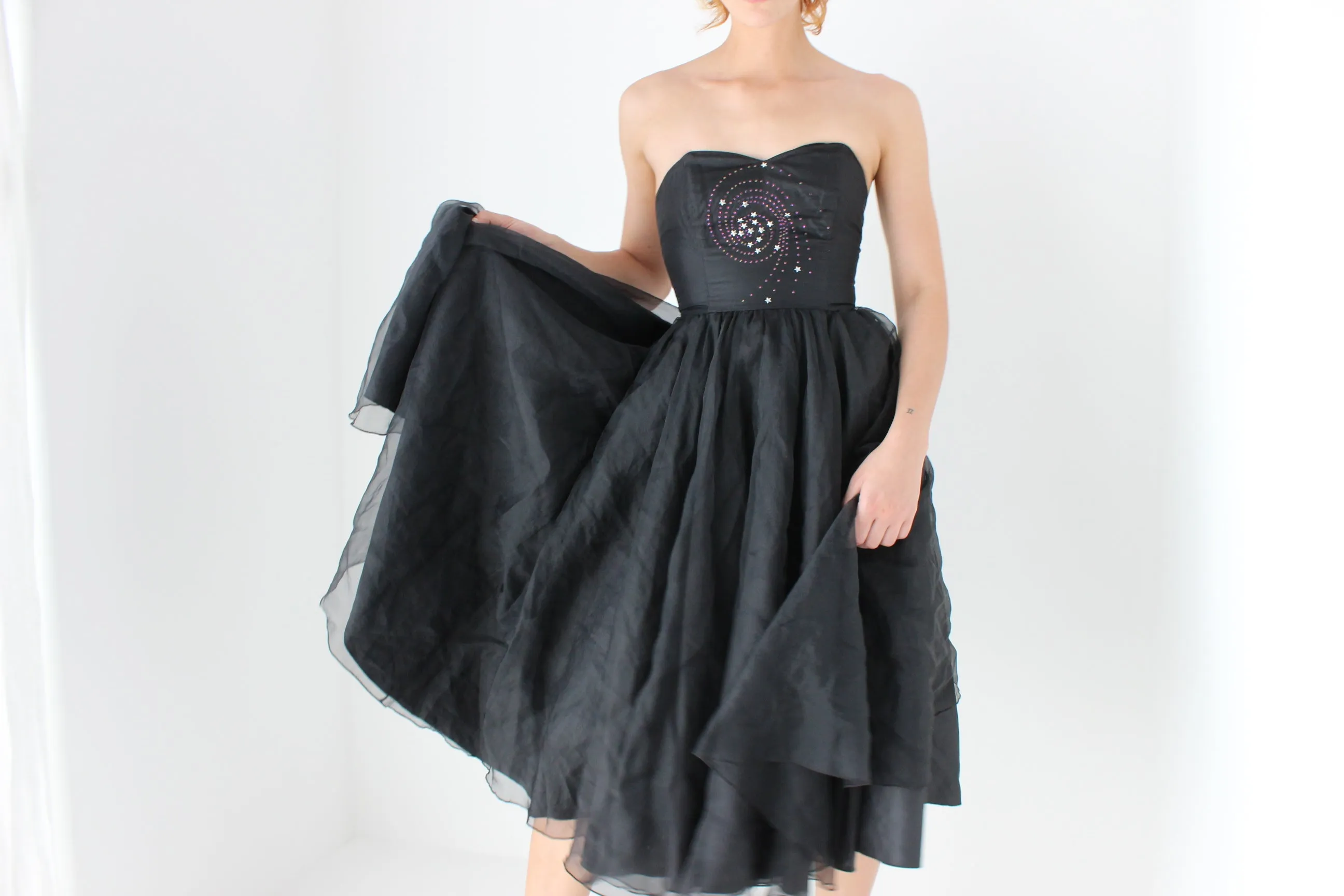 80s Voluminous Organza Bombshell Cocktail Dress w/ Galaxy Swirl