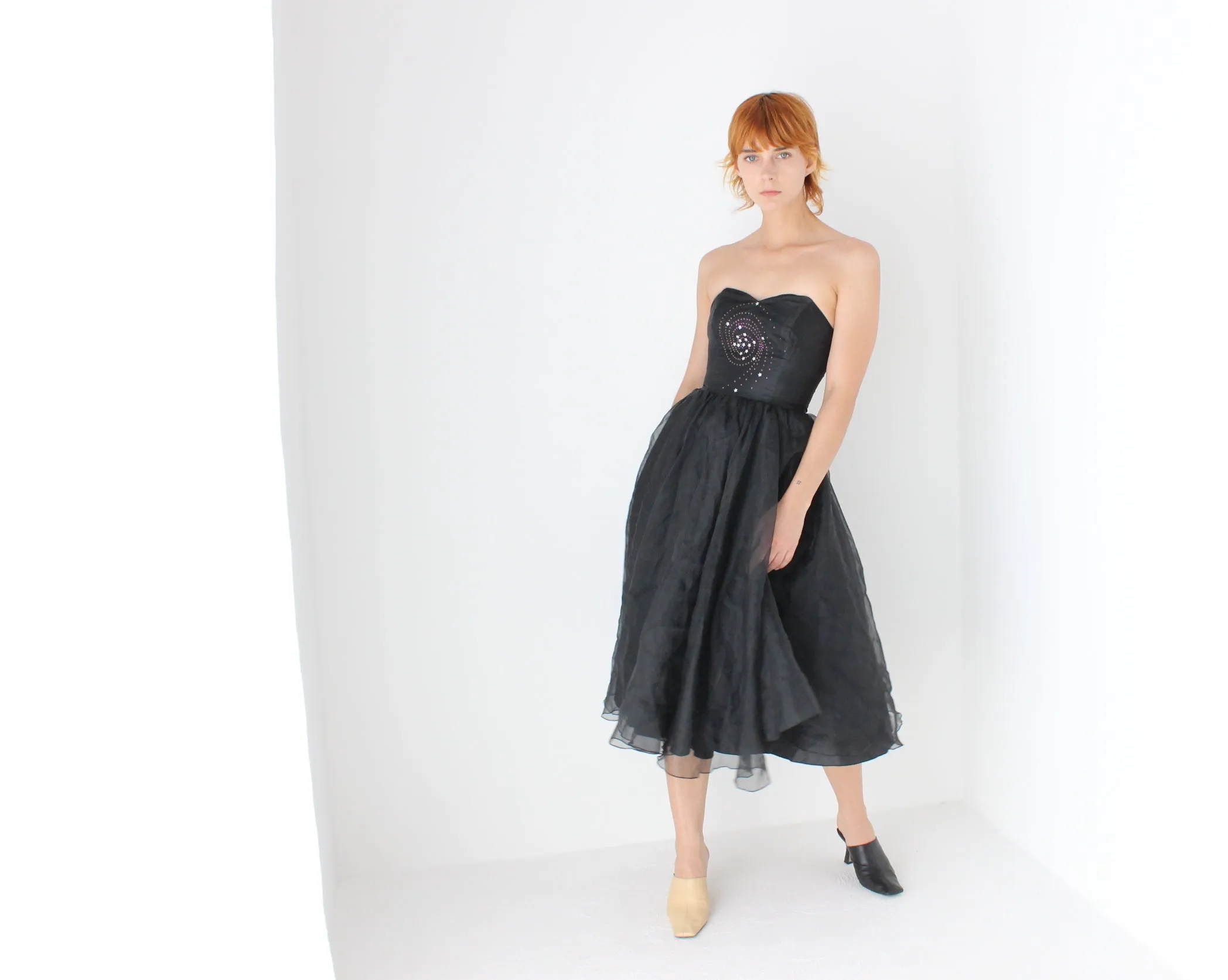 80s Voluminous Organza Bombshell Cocktail Dress w/ Galaxy Swirl