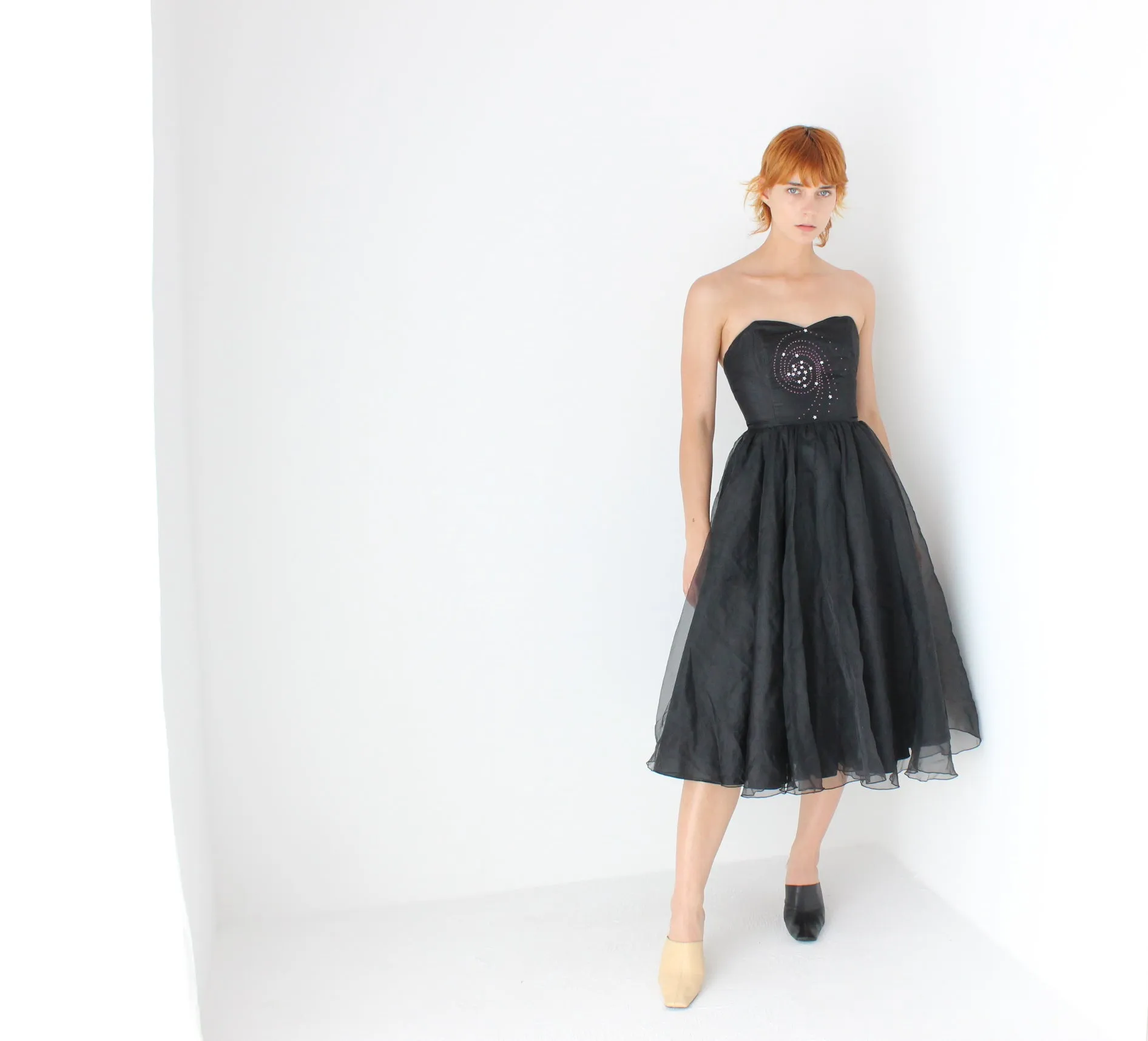80s Voluminous Organza Bombshell Cocktail Dress w/ Galaxy Swirl