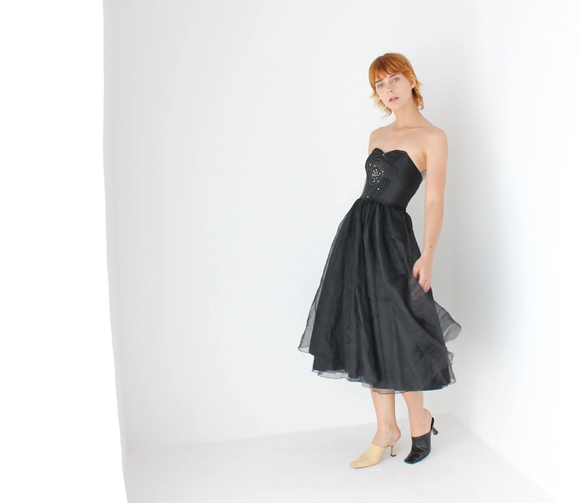 80s Voluminous Organza Bombshell Cocktail Dress w/ Galaxy Swirl