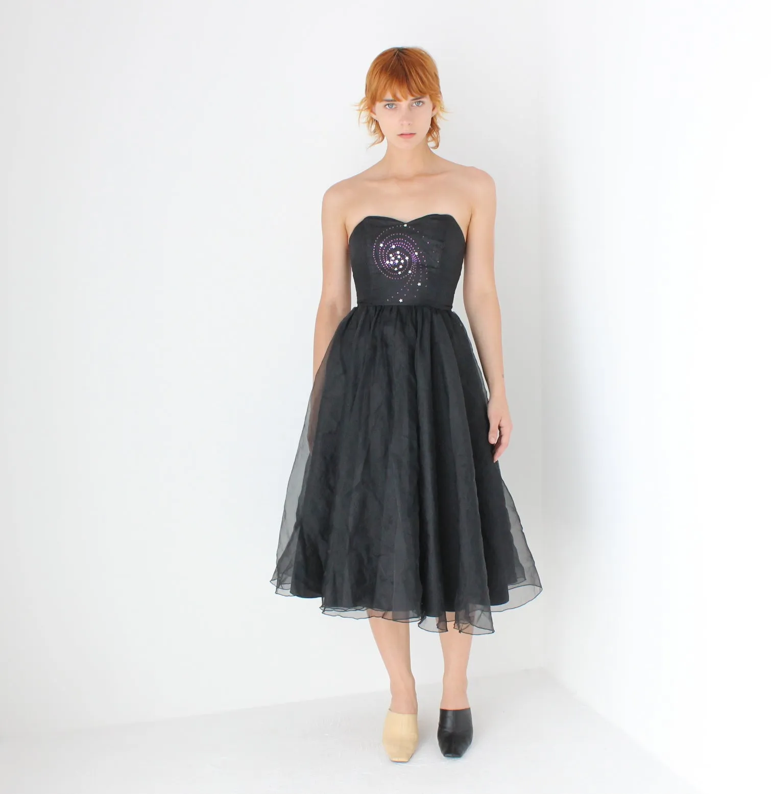 80s Voluminous Organza Bombshell Cocktail Dress w/ Galaxy Swirl