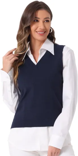 Allegra K Women's V Neck Sweater Vest Knit Pullover Sleeveless Sweater Top