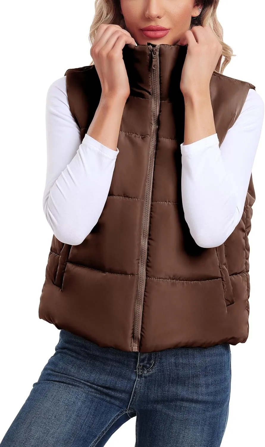Anienaya Puffer Vest Women Sleeveless Warm Lightweight Qulited Jacket Stand-up Collar Outerwear with Pocket