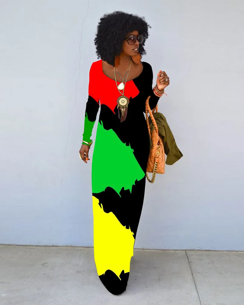 Black History Month Bright Print Crew Neck Long Sleeve Dress