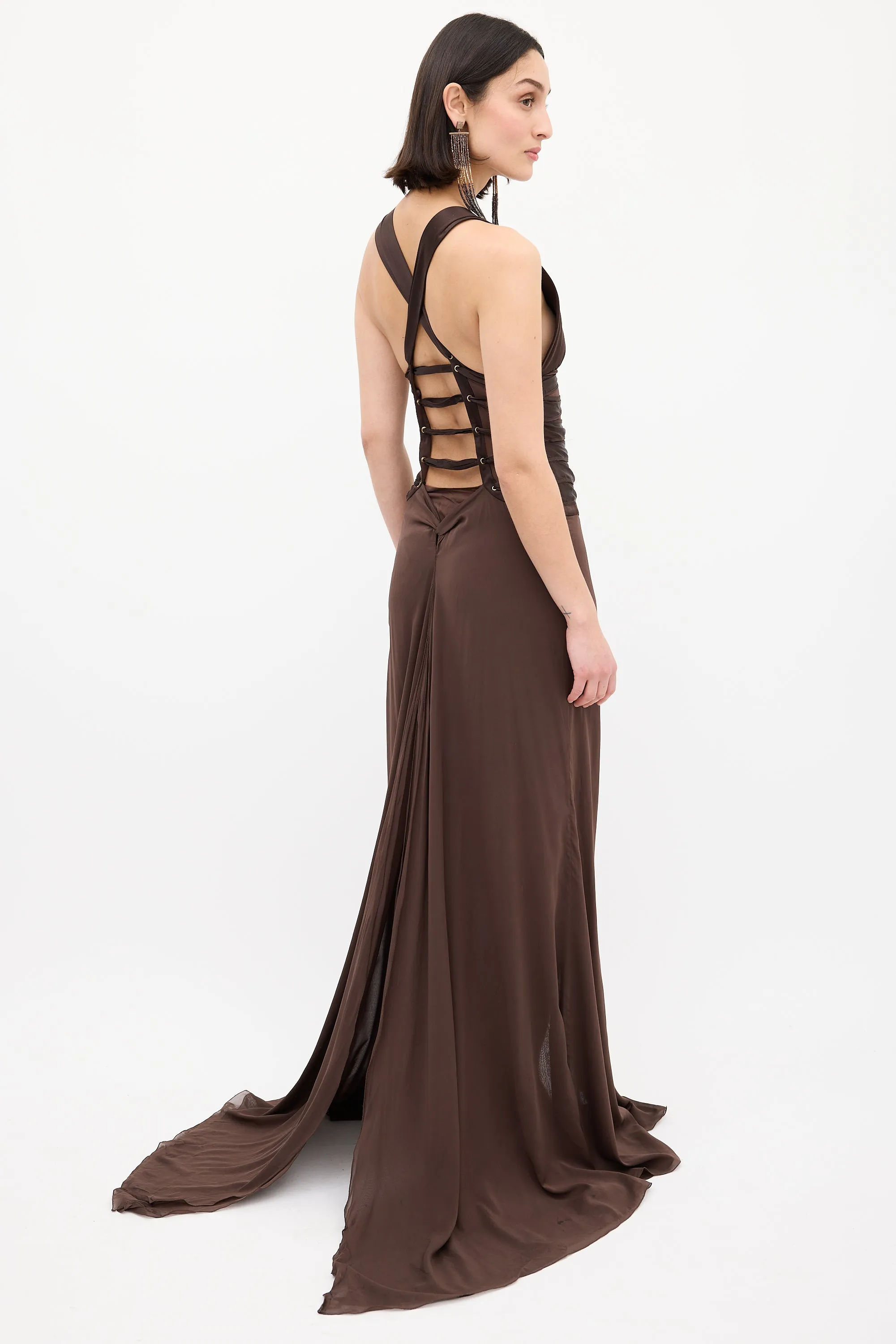Brown Lace Up Split Gown