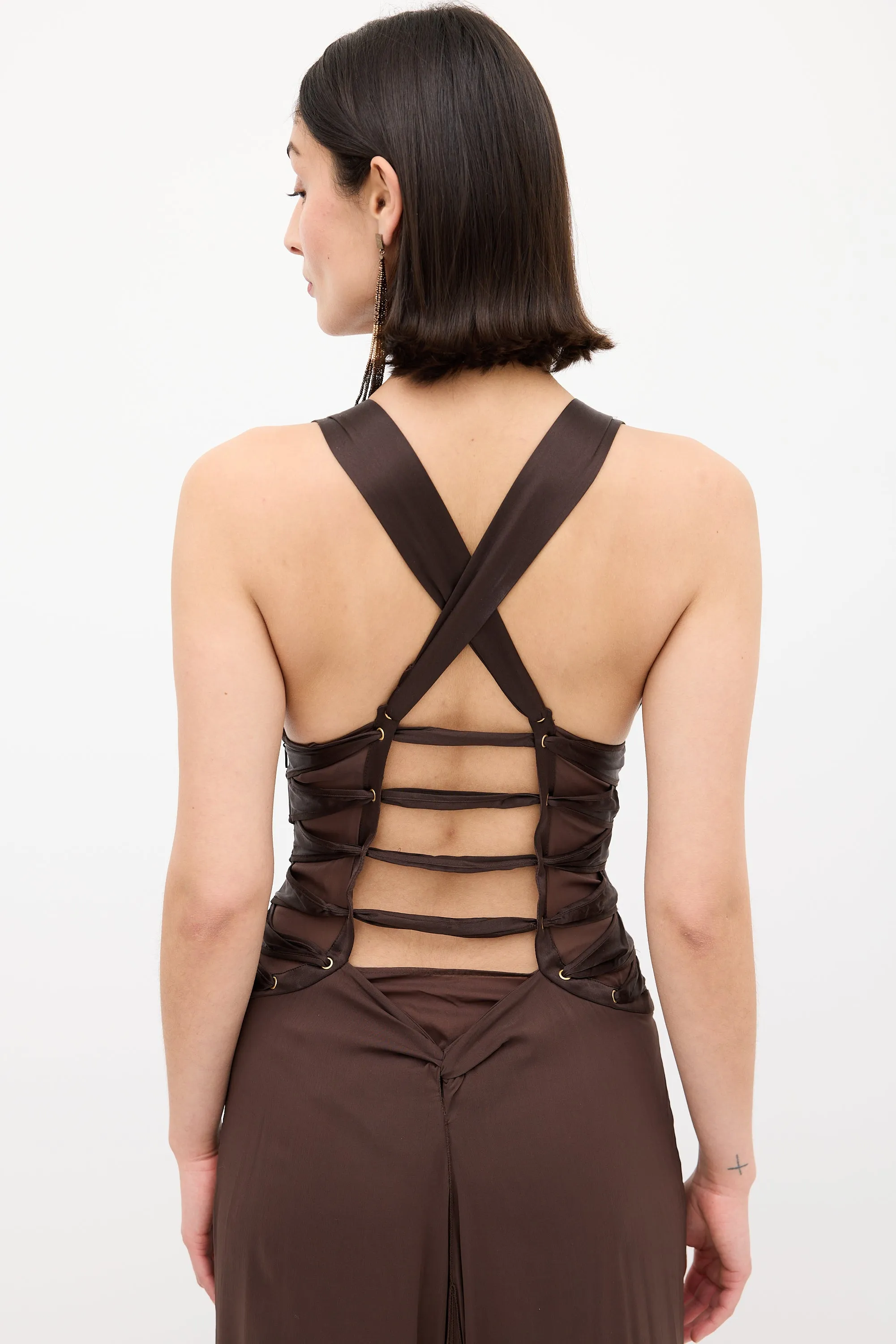 Brown Lace Up Split Gown