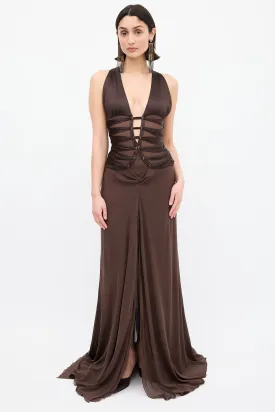 Brown Lace Up Split Gown