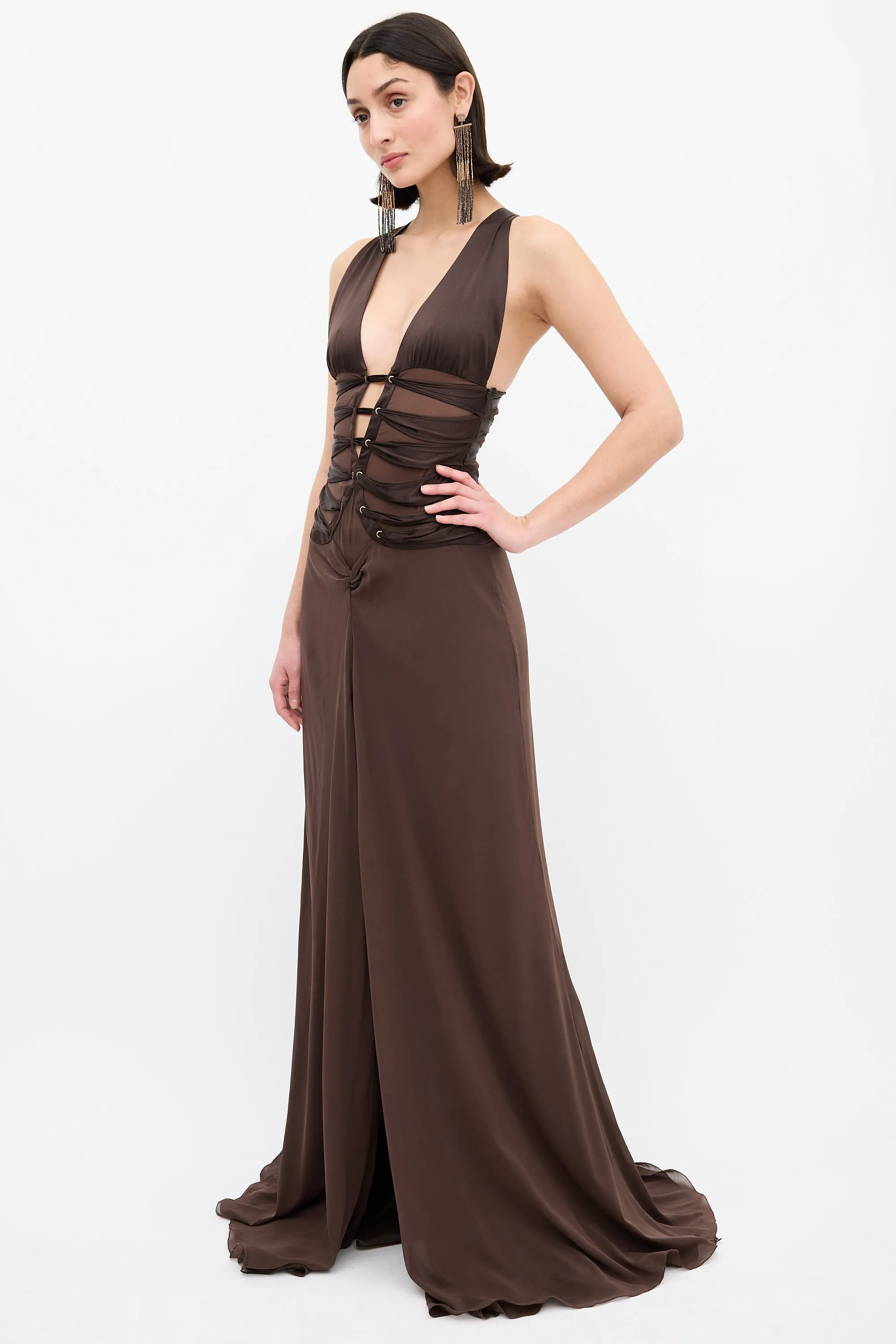 Brown Lace Up Split Gown
