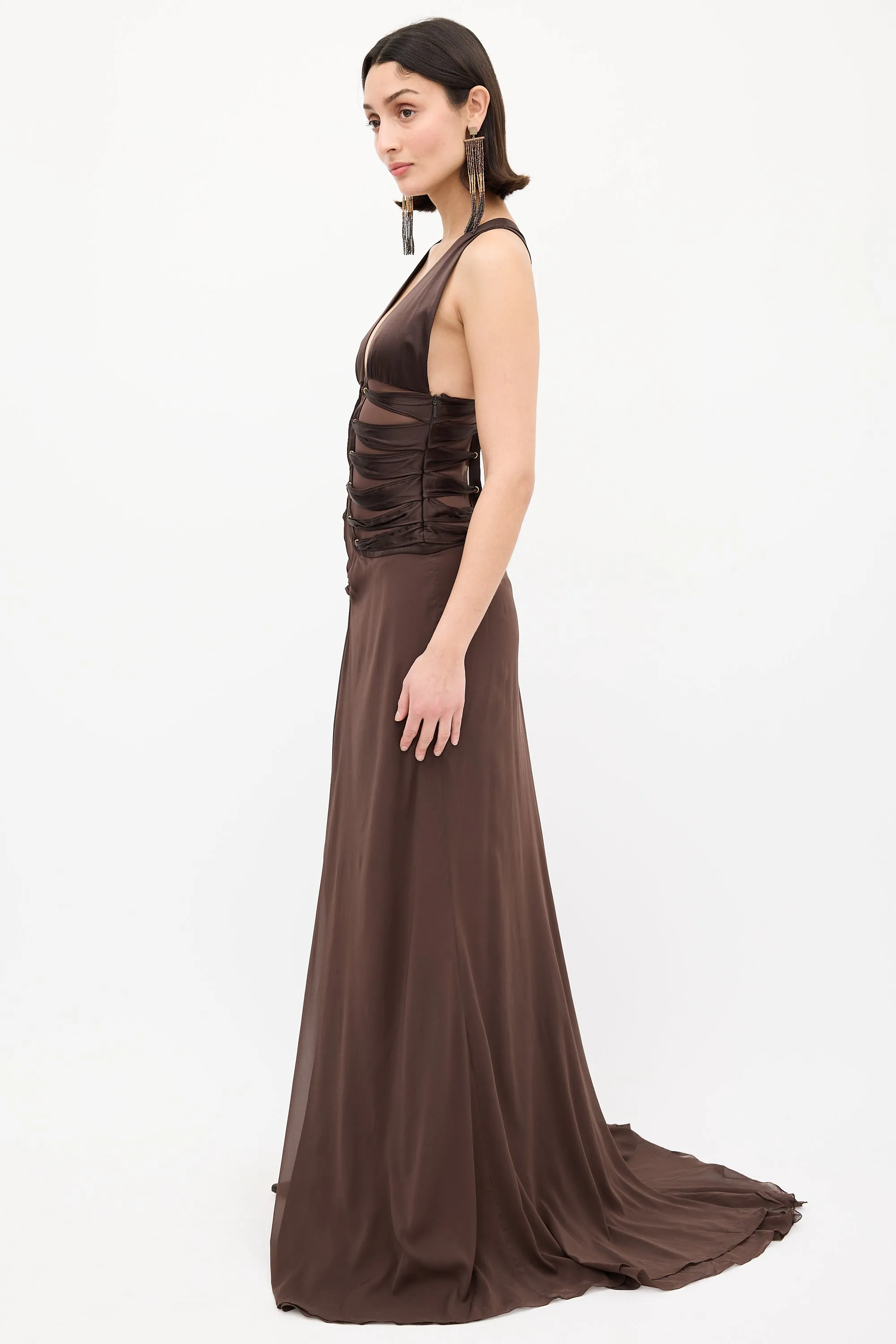 Brown Lace Up Split Gown