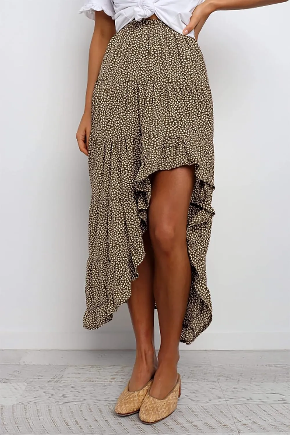 BTFBM Women 2025 Summer Spring Boho Long Skirts Dress Floral Print Elastic Waist Split Ruffle High Low Beach Maxi Skirt