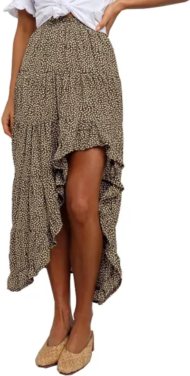 BTFBM Women 2025 Summer Spring Boho Long Skirts Dress Floral Print Elastic Waist Split Ruffle High Low Beach Maxi Skirt