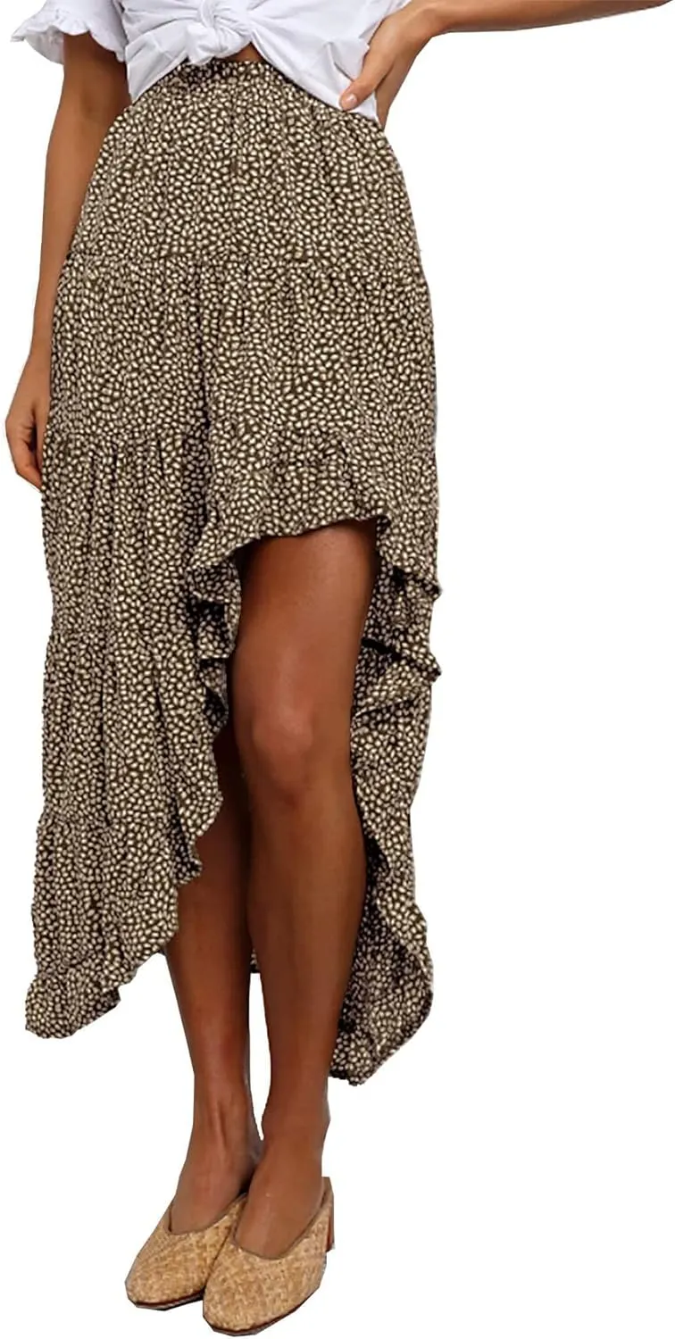 BTFBM Women 2025 Summer Spring Boho Long Skirts Dress Floral Print Elastic Waist Split Ruffle High Low Beach Maxi Skirt