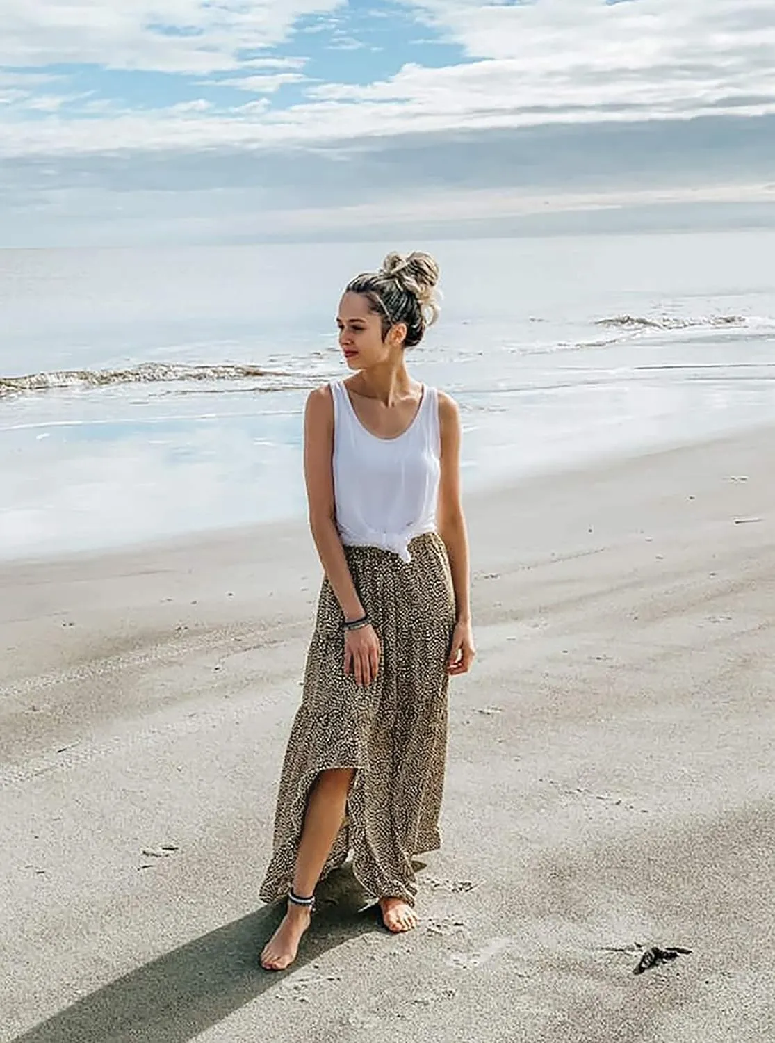 BTFBM Women 2025 Summer Spring Boho Long Skirts Dress Floral Print Elastic Waist Split Ruffle High Low Beach Maxi Skirt