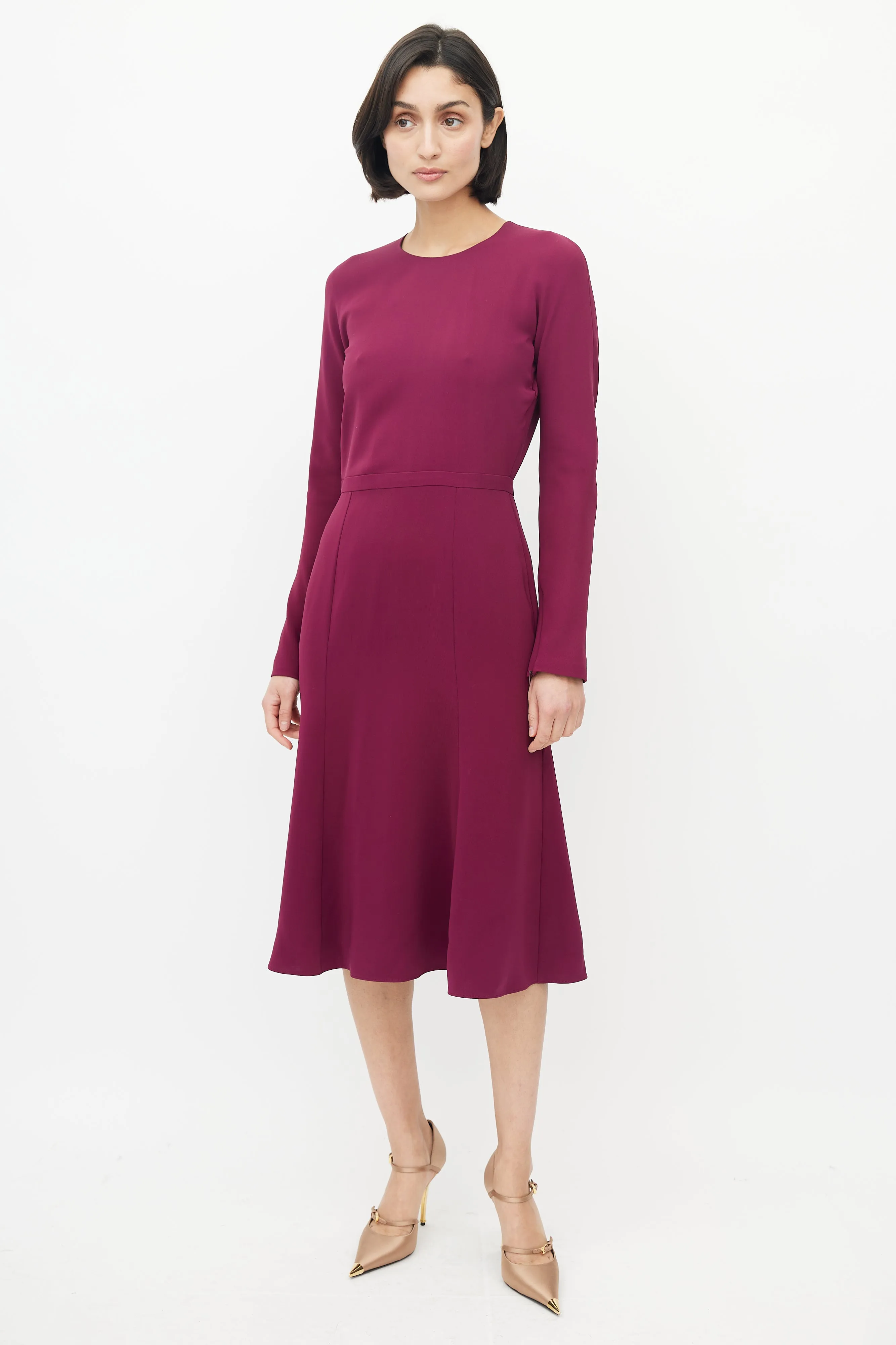 Burgundy Silk Long Sleeve Midi Dress