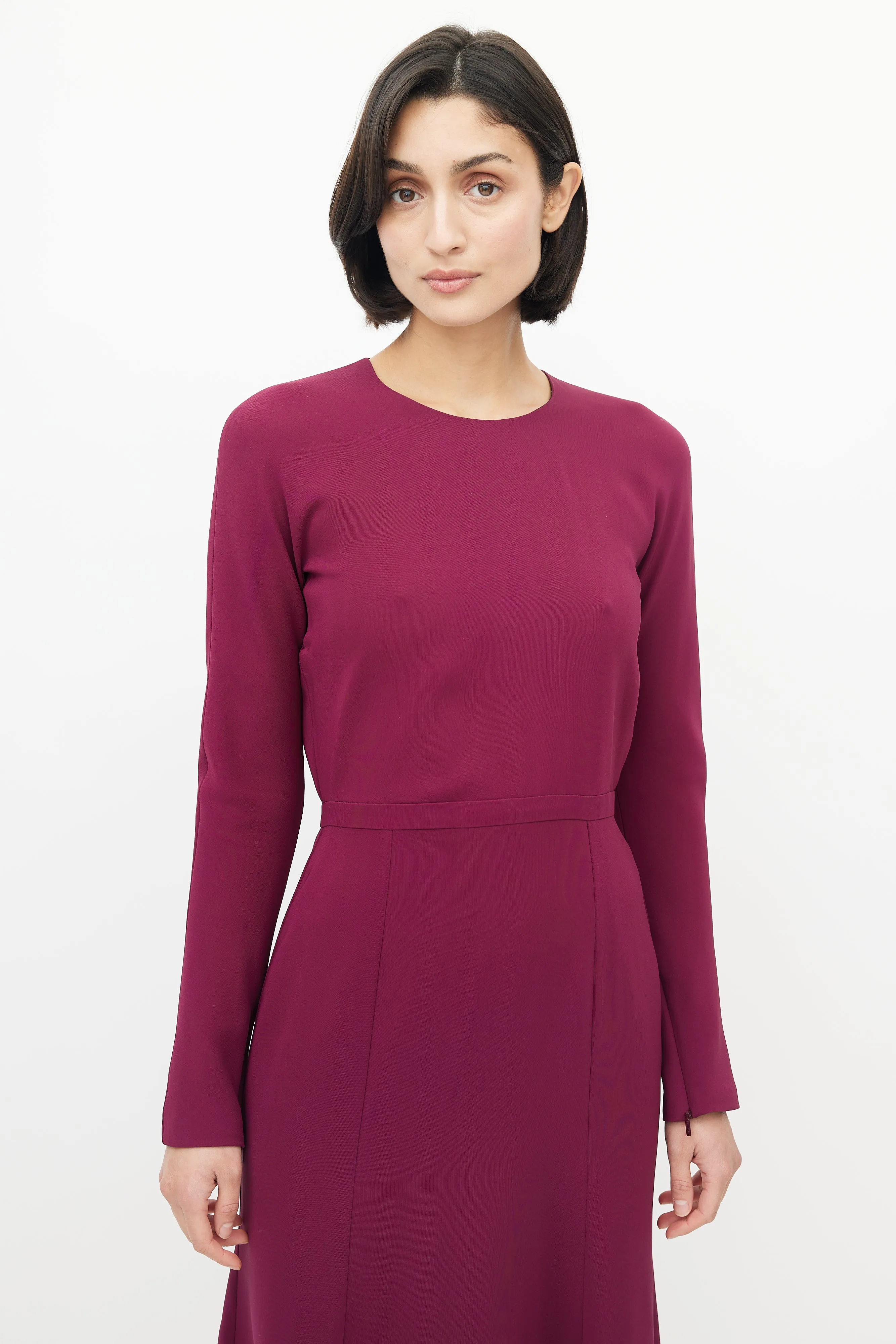 Burgundy Silk Long Sleeve Midi Dress