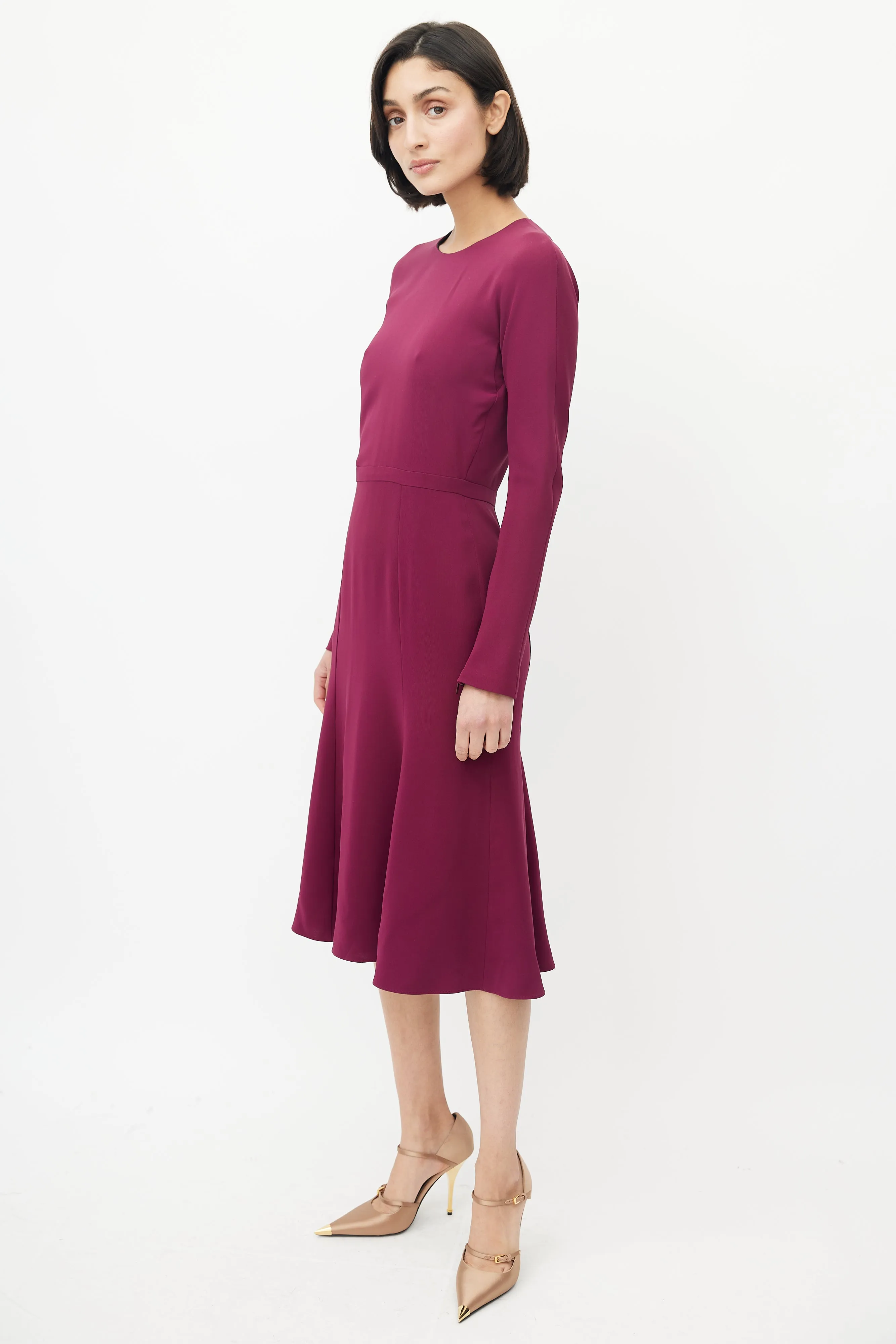 Burgundy Silk Long Sleeve Midi Dress