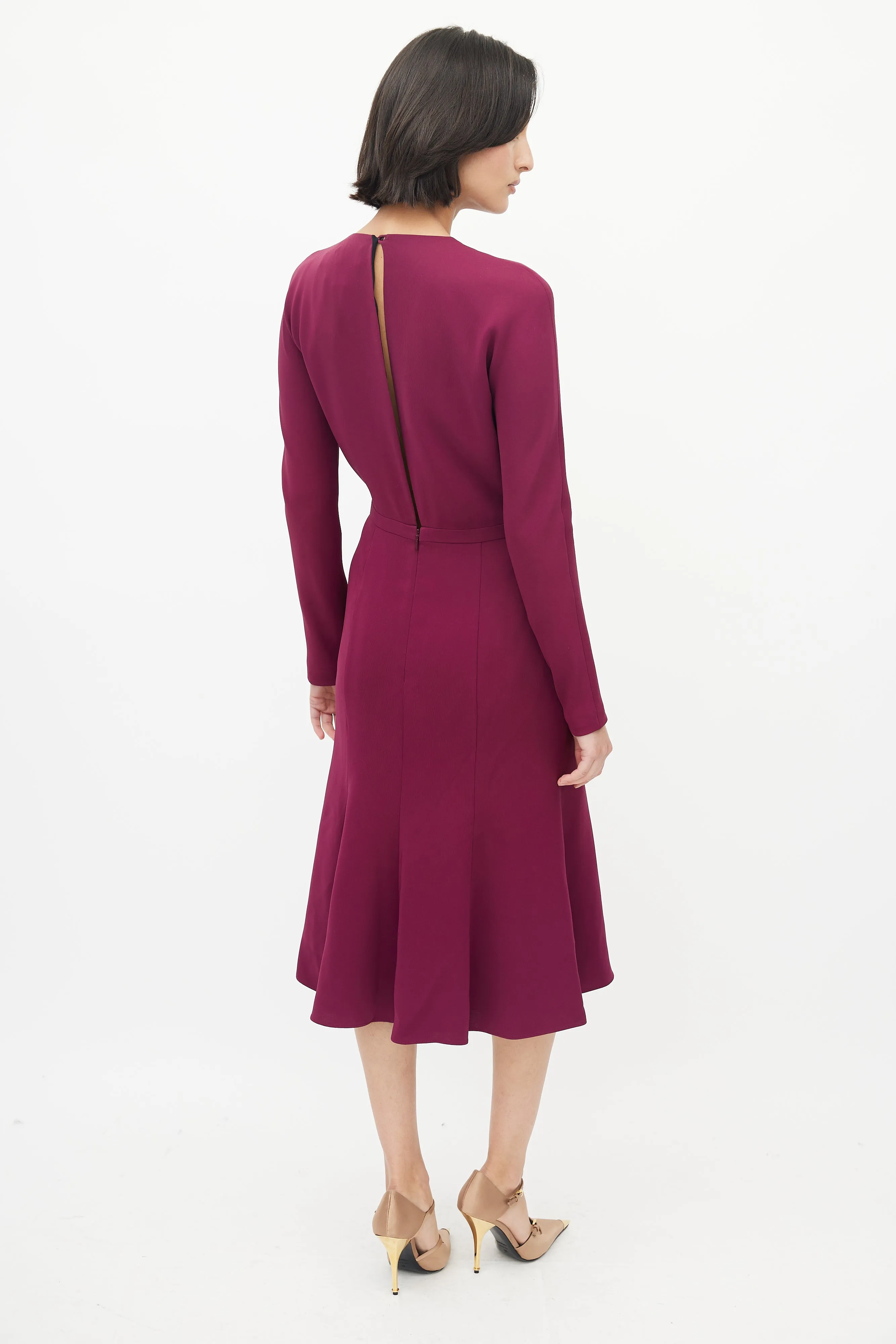 Burgundy Silk Long Sleeve Midi Dress
