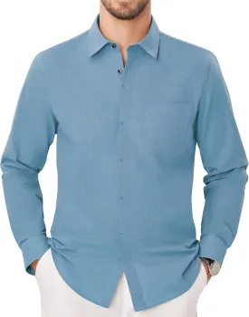 Button Down Linen Shirts for Men Casual Long Sleeve Shirts Cotton Linen Shirt with Pockets Speard Collar