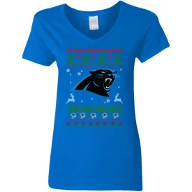 Carolina Panthers Logo Football Teams Ugly Christmas Sweater Women V-Neck T-Shirt