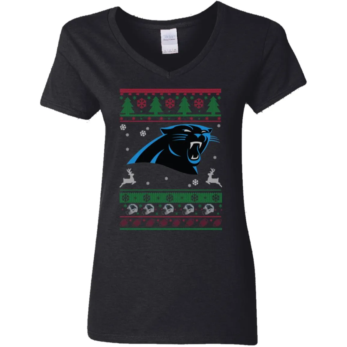 Carolina Panthers Logo Football Teams Ugly Christmas Sweater Women V-Neck T-Shirt