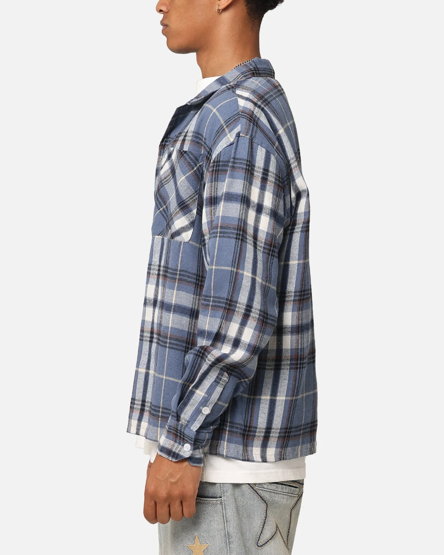 Carre Check Oversized Long Sleeve Button Up Shirt Blue-Plaid
