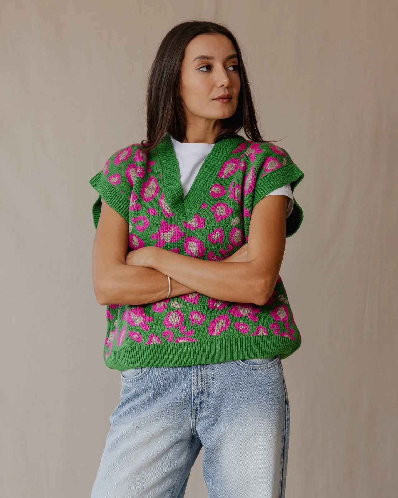 Cheetah Knitted Vest Green X Pink