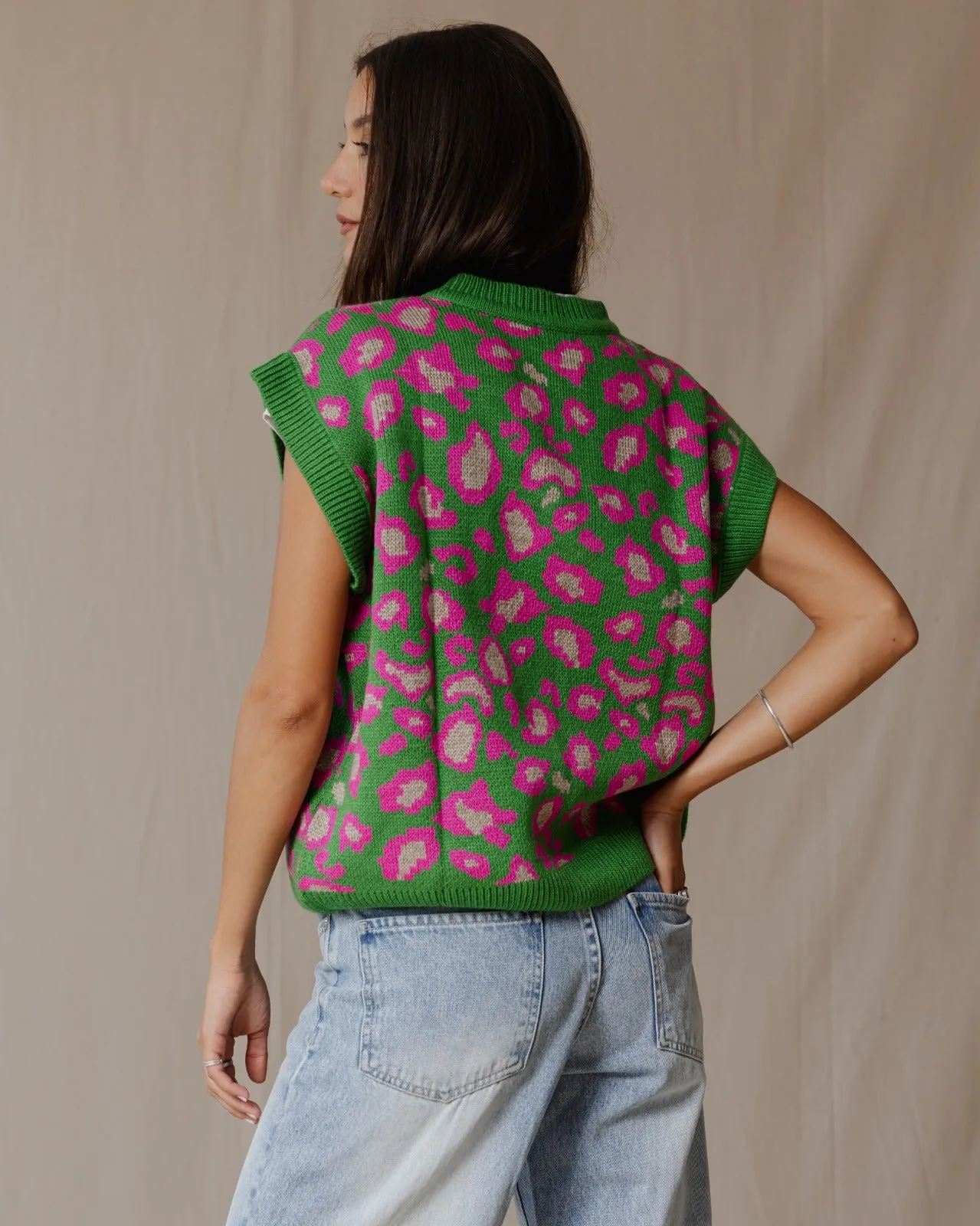 Cheetah Knitted Vest Green X Pink