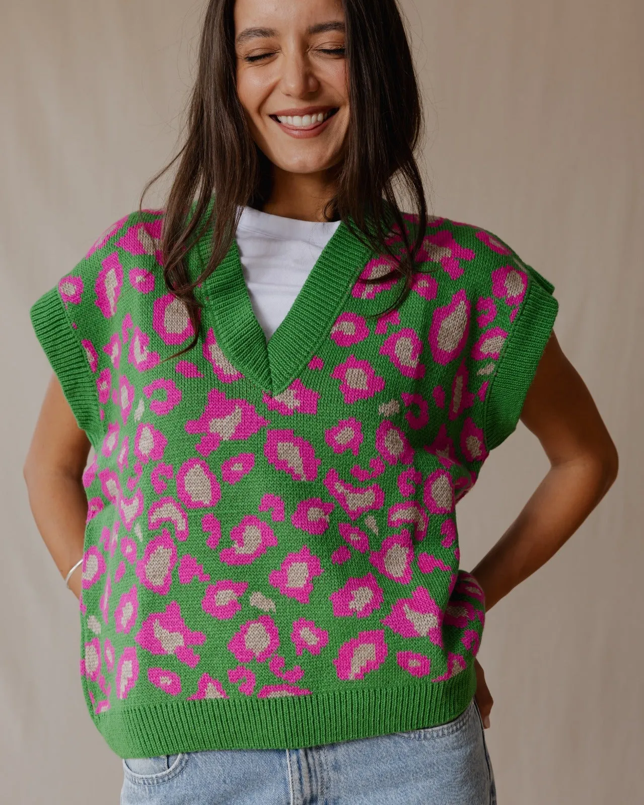 Cheetah Knitted Vest Green X Pink