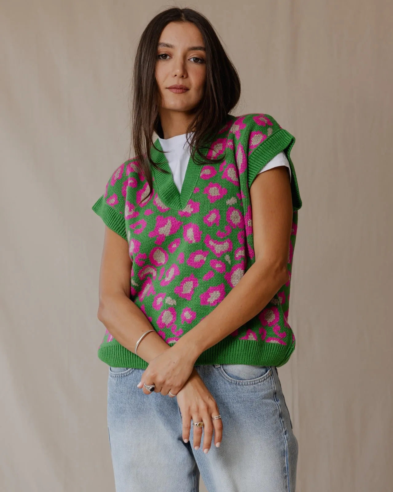 Cheetah Knitted Vest Green X Pink