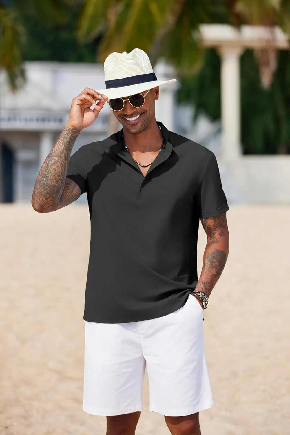 COOFANDY Men's Casual Henley Shirt Short Sleeve Band Collar Shirt Summer Beach Hippie Vacation T Shirt with Button
