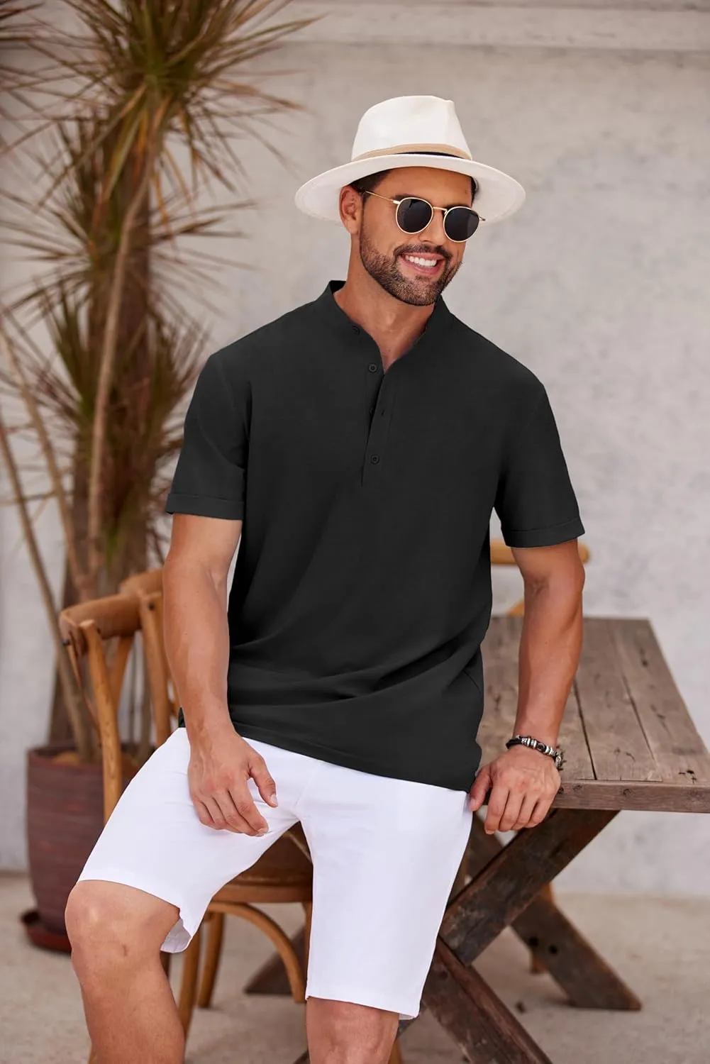 COOFANDY Men's Casual Henley Shirt Short Sleeve Band Collar Shirt Summer Beach Hippie Vacation T Shirt with Button