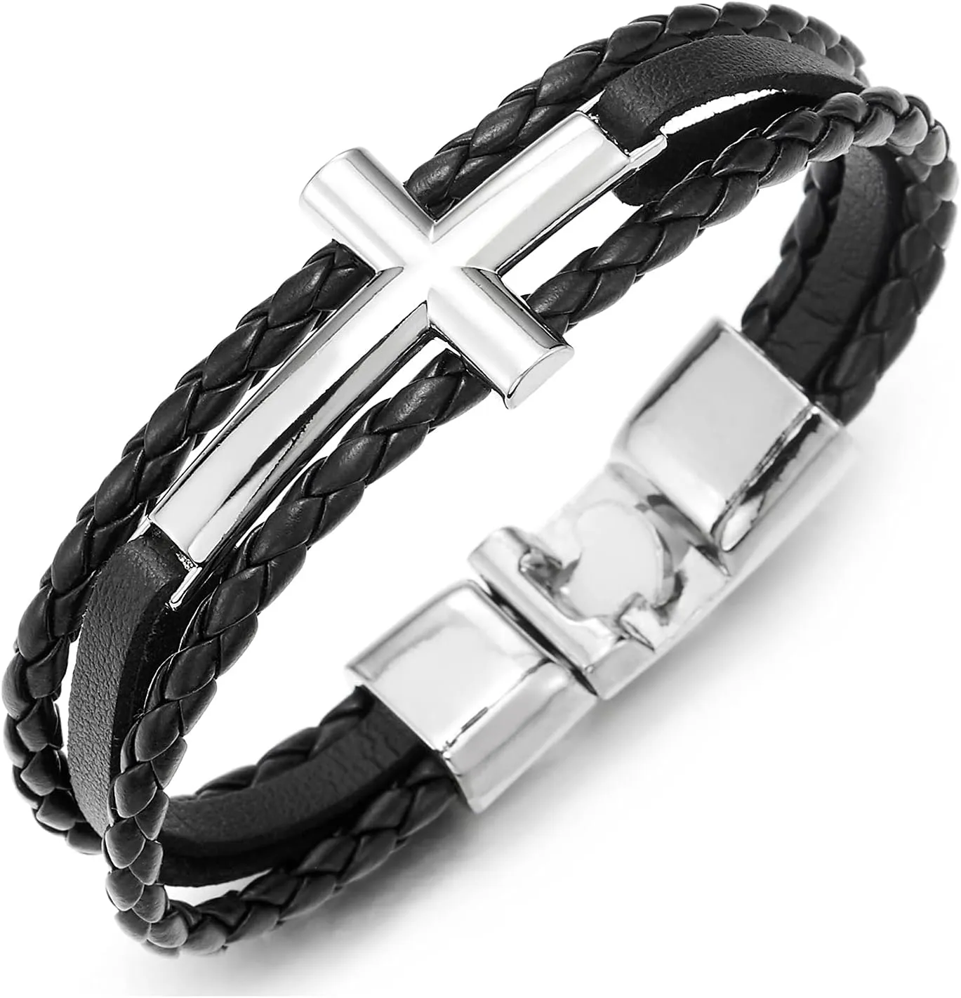COOLSTEELANDBEYOND Black Horizontal Sideway Lateral Cross Brown Braided Leather Bangle Bracelet for Men Women Wristband