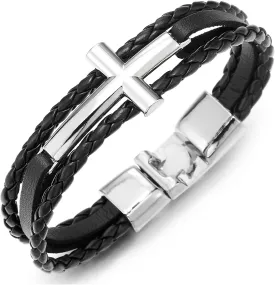 COOLSTEELANDBEYOND Black Horizontal Sideway Lateral Cross Brown Braided Leather Bangle Bracelet for Men Women Wristband