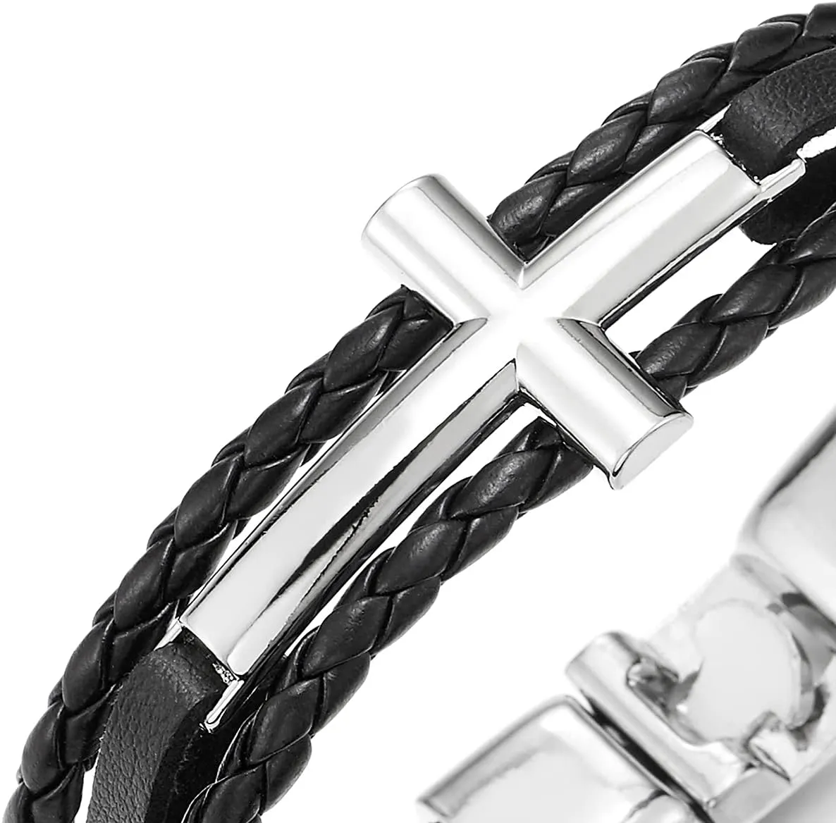 COOLSTEELANDBEYOND Black Horizontal Sideway Lateral Cross Brown Braided Leather Bangle Bracelet for Men Women Wristband