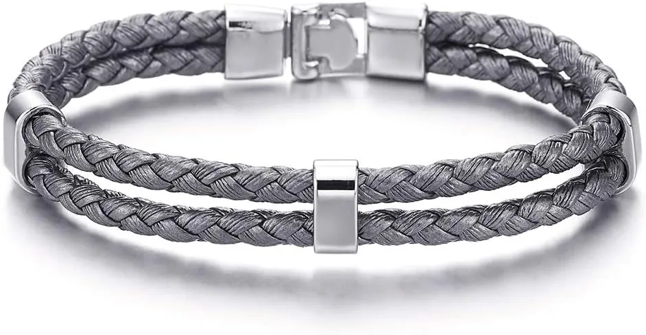 COOLSTEELANDBEYOND Grey Two-Row Braided Leather Bangle Bracelet Wristband for Mens Womens