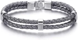 COOLSTEELANDBEYOND Grey Two-Row Braided Leather Bangle Bracelet Wristband for Mens Womens