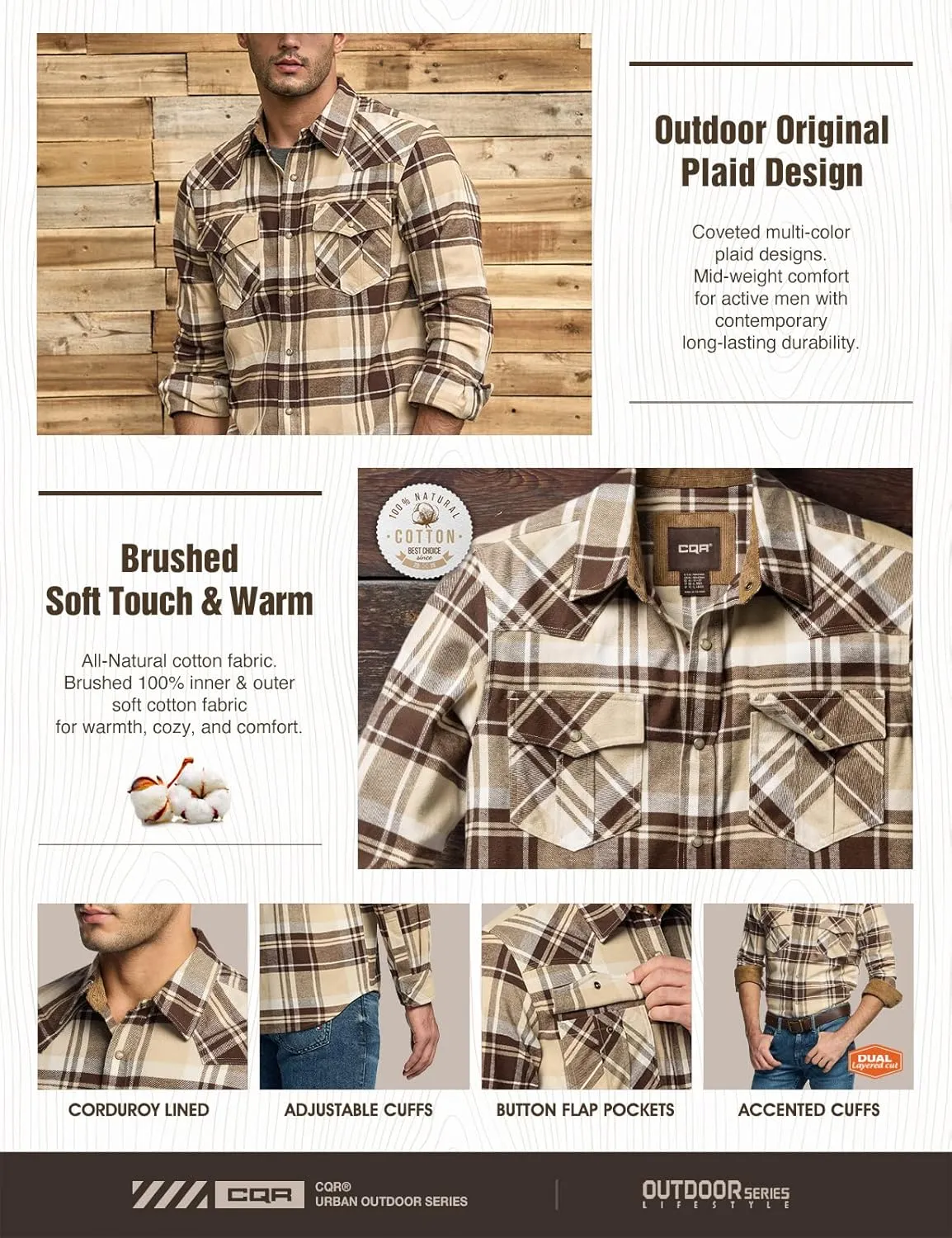 CQR Men's 100% Cotton Plaid Flannel Shirt, Long Sleeve Shirt Jackets, Casual Outdoor Jacket with Pockets